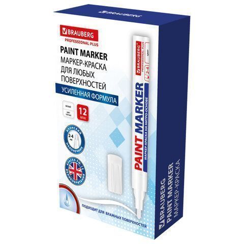 Маркер-краска лаковый белый 4мм нитро-основа алюминиевый корпус BRAUBERG PRO PLUS, 1/12/864