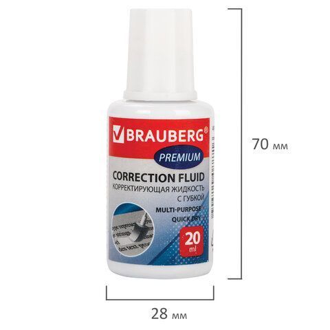 Корректирующая жидкость штрих 20мл флакон с губкой, спирт., ярко-бел Premium BRAUBERG 1/1