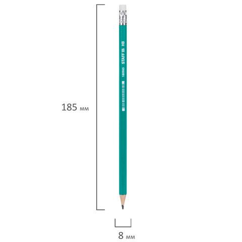 Карандаш ч/гр НВ пластиковый, зеленый корпус, с резинкой, заточенный STAFF 1/12/288
