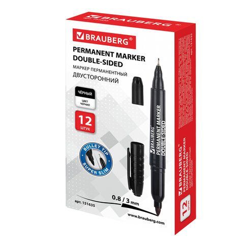 Маркер перманентный черный 0,8/3мм двусторонний наконечники Double BRAUBERG 1/12