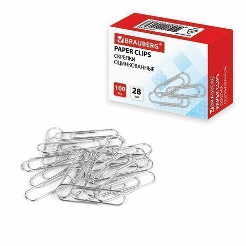 Скрепки 28мм 100шт оцинкованные BRAUBERG 1/10/300