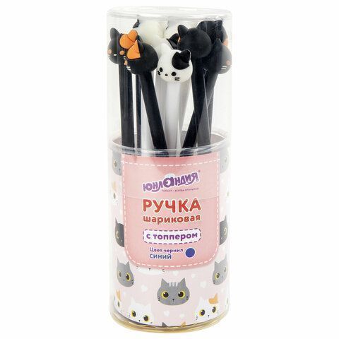 Ручка с топпером шариковая ЮНЛАНДИЯ Кошка корпус ассорти СИНЯЯ узел 0,7мм 1/12