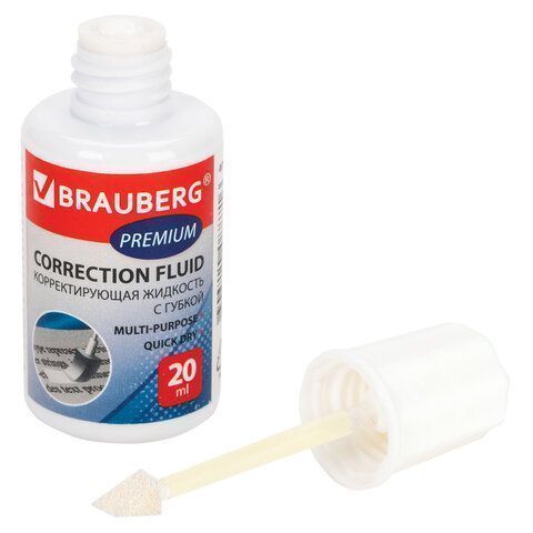Корректирующая жидкость штрих 20мл флакон с губкой, спирт., ярко-бел Premium BRAUBERG 1/1